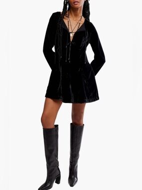 Free People Black Velvet Long-Sleeve Mini Dress
